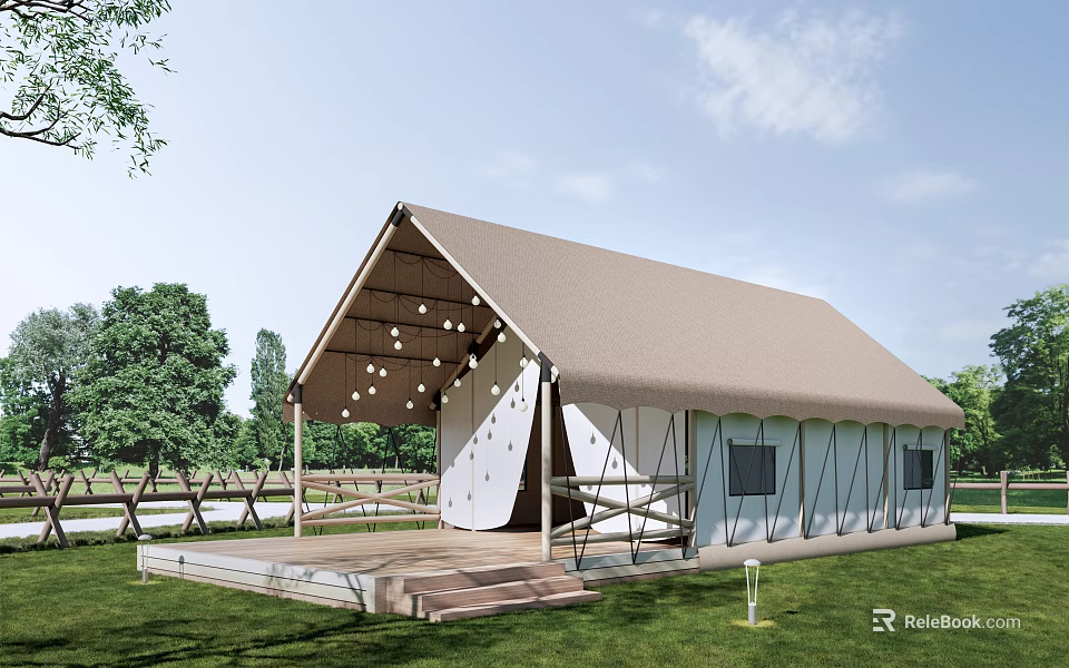 Modern Glamping Tent With Beige Roof White Walls Wooden Deck Hanging Bulbs Trees And Grass 3d model 