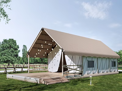 Modern Glamping Tent With Beige Roof White Walls Wooden Deck Hanging Bulbs Trees And Grass 3d model