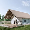Modern Glamping Tent With Beige Roof White Walls Wooden Deck Hanging Bulbs Trees And Grass