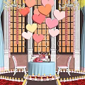 Elegant Banquet Hall Interior With Heart Shaped Balloons Colorful Curtains Chandeliers Red Carpet Arched Windows