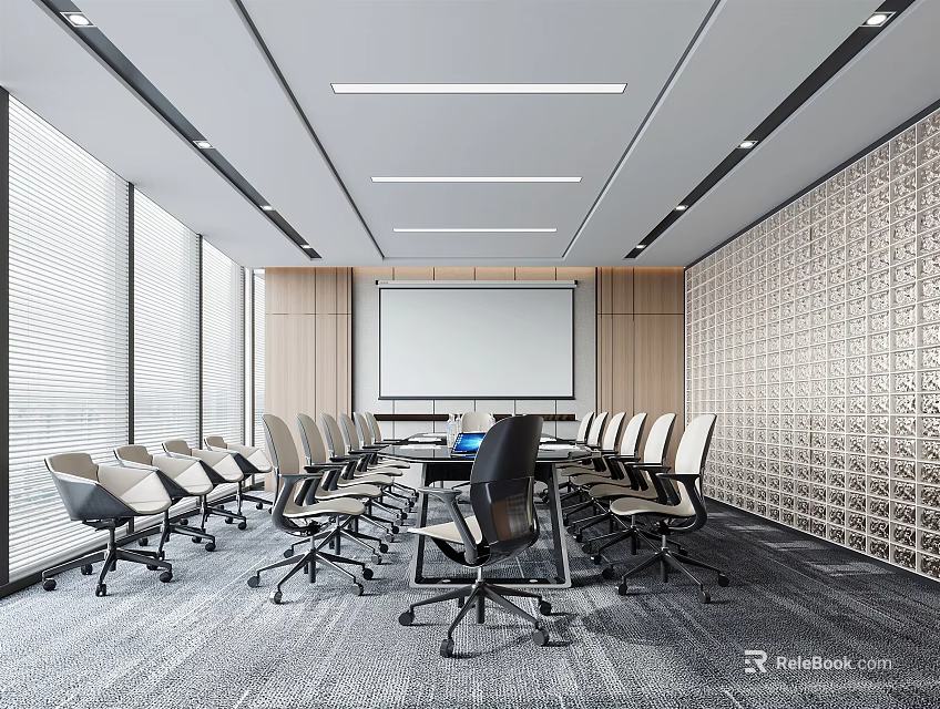 Modern Spacious Conference Room With Large Windows Blinds Meeting Table And Office Chairs 3d model