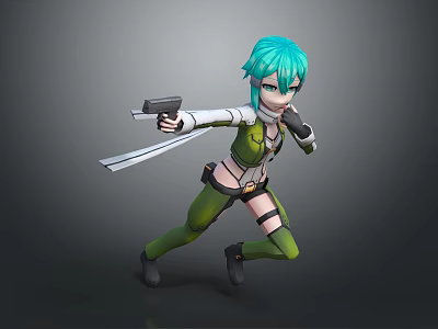 3D Game Character With Teal Hair Green White Outfit Holding Gun In Combat Pose 3d model
