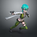 3D Game Character With Teal Hair Green White Outfit Holding Gun In Combat Pose