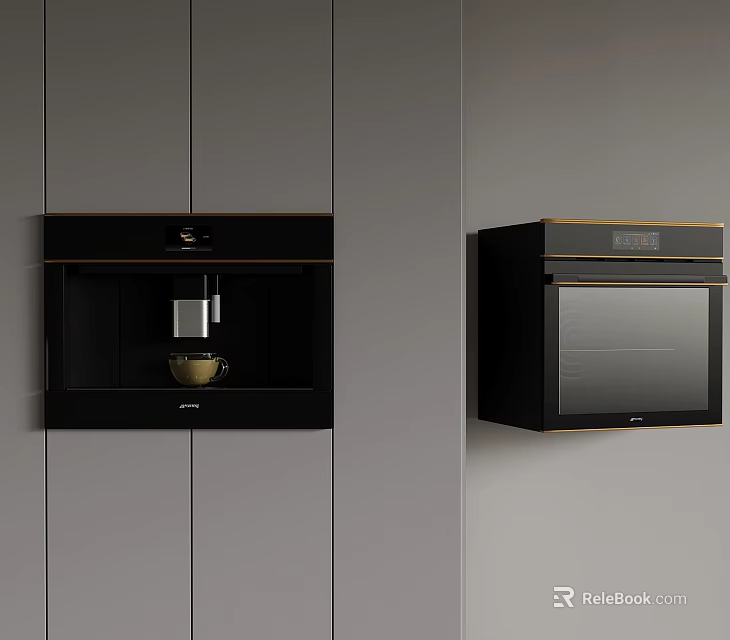 Modern Kitchen Interior Featuring Coffee Machine And Oven In Gray Cabinets 3d model 