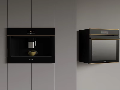 Modern Kitchen Interior Featuring Coffee Machine And Oven In Gray Cabinets 3d model