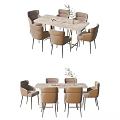 Modern Rectangular Dining Table Set With Six Chairs And Decorative Plant 3d model