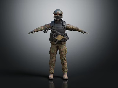 Standing Military Figure in Camouflage Uniform Helmet Body Armor and Rifle With Outstretched Arms 3d model