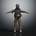 Standing Military Figure in Camouflage Uniform Helmet Body Armor and Rifle With Outstretched Arms