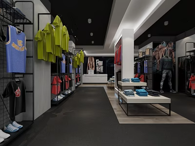 Modern Clothing Store Interior With Display Racks Apparel And Wall Posters 3d model