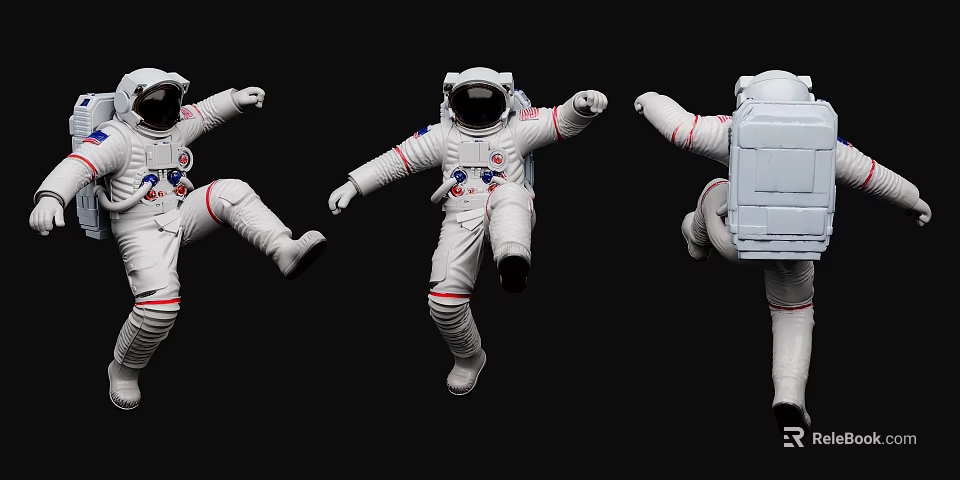 Art Installation Featuring Astronaut Models In White Spacesuits Floating On Black Background 3d model 