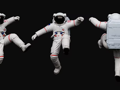 Art Installation Featuring Astronaut Models In White Spacesuits Floating On Black Background 3d model