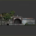 Abandoned Brick Building with Arched Entrance Rusted Metal Roof Green Plants and Graffiti