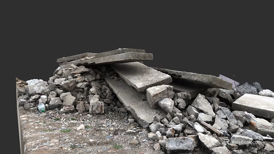 Wood And Stone Materials In Construction Debris Pile With Concrete Slabs 3d model 