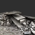 Wood And Stone Materials In Construction Debris Pile With Concrete Slabs