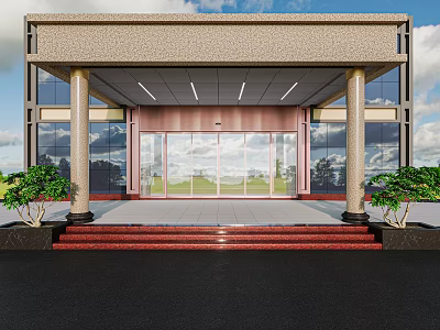 Modern Entrance Gate Design With Stone Columns Glass Doors Red Steps And Smooth Floor 3d model