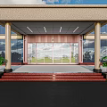 Modern Entrance Gate Design With Stone Columns Glass Doors Red Steps And Smooth Floor