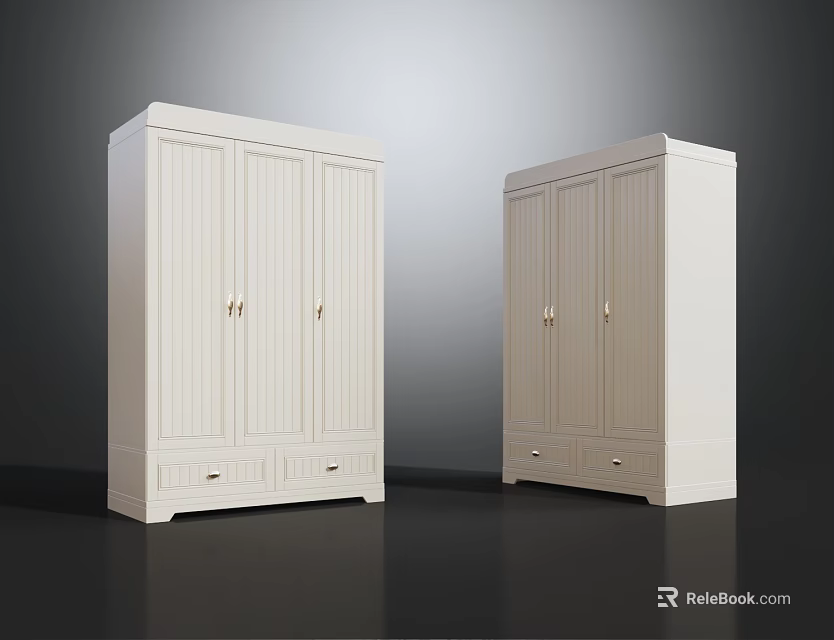 White Wardrobes With Multiple Doors And Bottom Drawers Featuring Gold Handles Design 3d model 
