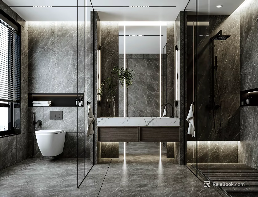 Modern Elegant Luxury Marble Bathroom With Glass Shower Enclosure And Floating Vanity Home Interior Design 3d model 