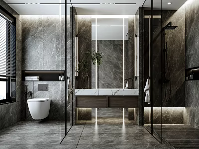 Modern Elegant Luxury Marble Bathroom With Glass Shower Enclosure And Floating Vanity Home Interior Design 3d model