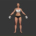 Bald Woman in White Sports Bra Black Shorts with White Boxing Gloves Standing Pose
