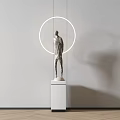 Abstract Human Sculpture on White Pedestal with Circular Light Ring in Modern Minimalist Interior