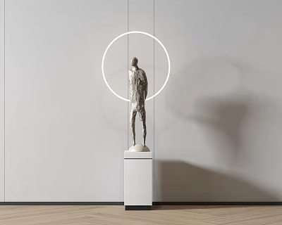 Abstract Human Sculpture on White Pedestal with Circular Light Ring in Modern Minimalist Interior 3d model