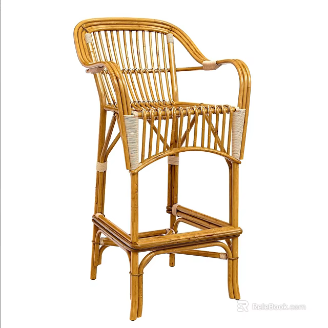 Rattan Bar Stool with Woven Design and Armrests for Home Kitchen or Patio Decor 3d model 