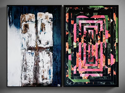 Two Piece Abstract Wall Art With Textured Dark Background And Vibrant Geometric Floral Patterns 3d model