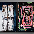 Two Piece Abstract Wall Art With Textured Dark Background And Vibrant Geometric Floral Patterns