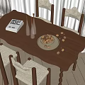 Cozy Wooden Dining Table Set With Upholstered Chairs Nut Bowl Glass Vases And Book