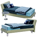 Modern Single Bed With Green Striped Frame Blue Geometric Bedspread Pillows And Side Table 3d model