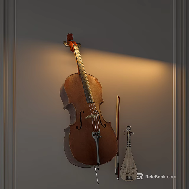 Instruments and Art Supplies Interior Display Featuring Cello Lute and Painting Tools on Illuminated Wall 3d model 