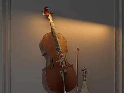 Instruments and Art Supplies Interior Display Featuring Cello Lute and Painting Tools on Illuminated Wall 3d model