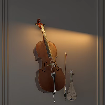 Instruments and Art Supplies Interior Display Featuring Cello Lute and Painting Tools on Illuminated Wall 3d model