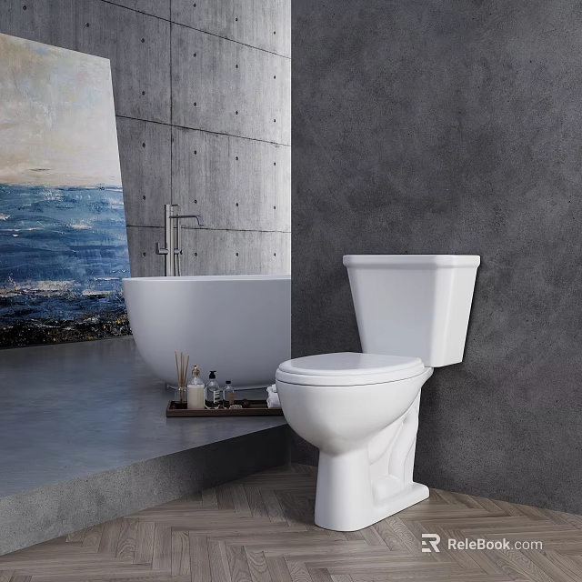 Modern White Toilet in Bathroom with Bathtub Gray Wall and Seascape Painting 3d model 