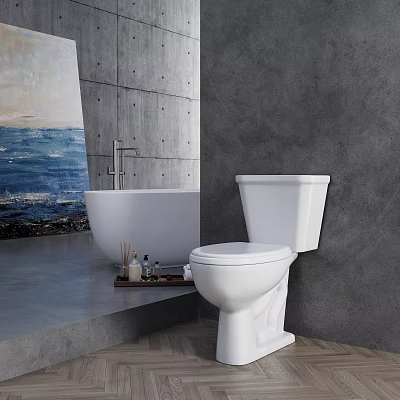 Modern White Toilet in Bathroom with Bathtub Gray Wall and Seascape Painting 3d model