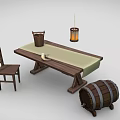 Rustic Wooden Dining Table Set With Light Tablecloth Chair Lantern And Barrel 3d model