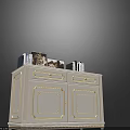 White Entryway Console Sideboard with Gold Accents and Decorative Books Vase on Top