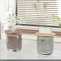 Two Modern Side Tables With Wooden Tops And Dark Bases Near Potted Plants And Blinds