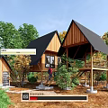 Wooden Cabins With Black Roofs And Decks Surrounded By Green Trees