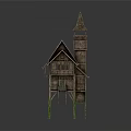 Traditional Wooden Stilt House With Pointed Tower Thatched Roof And Green Stilts