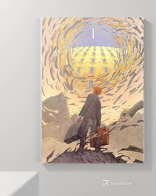 Abstract Painting With Figure In Coat Holding Suitcase Yellow Architectural Structure Swirling Patterns Abstract Landscape 3d model 