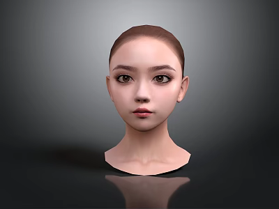 Realistic Woman Head With Short Hair Front View In Gray Background And Reflection 3d model