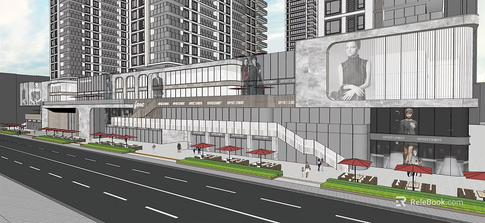 Modern Commercial Street With Glass Facade Outdoor Seating Pedestrians And High Rise Buildings 3d model 
