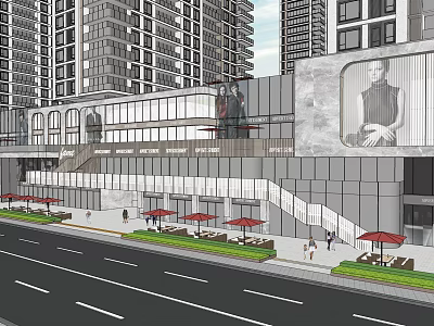 Modern Commercial Street With Glass Facade Outdoor Seating Pedestrians And High Rise Buildings 3d model
