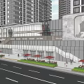 Modern Commercial Street With Glass Facade Outdoor Seating Pedestrians And High Rise Buildings