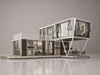 Modern Modular Container Building With Large Windows Balcony And Outdoor Seating 3d model
