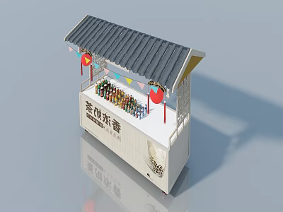 Swing Door Kiosk with Gray Tile Roof Red Lanterns Colorful Flags and Bottles on Counter 3d model