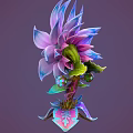Cartoon Flower Creature with Pink Purple Petals Spiral Red Eyes Green Stem and Colorful Leaves