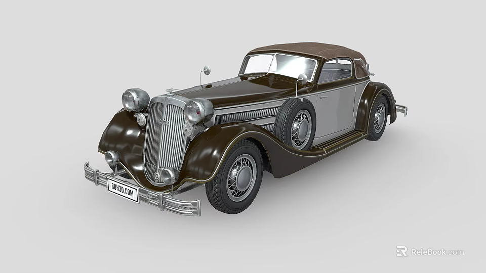 Functional Vintage Convertible Car Featuring Dark Brown Silver Body Classic Design Round Headlights And Wheels 3d model 